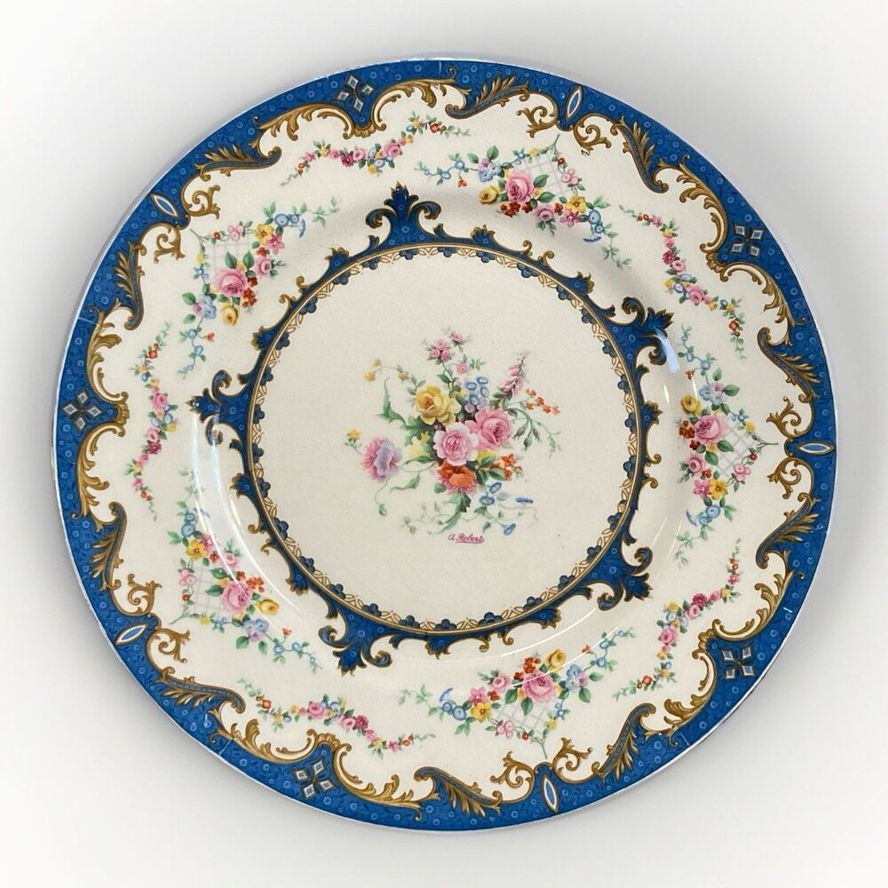 Myott Staffordshire Sevres Blue Dinner Plate Floral Bouquet 10 3/4” England